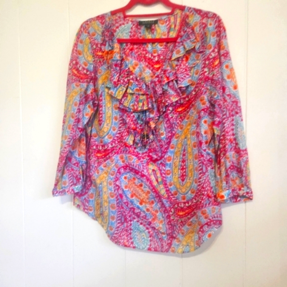 LAUREN Ralph Lauren Paisley Ruffled Top sz Large MultiColored Hot Pink/Orange